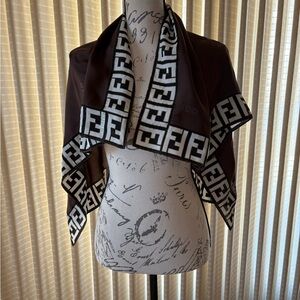 Fendi Dark Brown and Cream Monogram Scarf. 100% Silk.